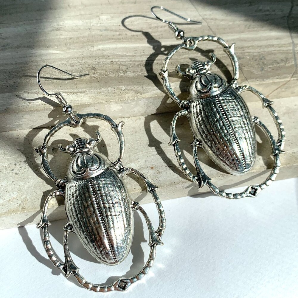 Silver Beetle Bug Drop Earrings — NWT